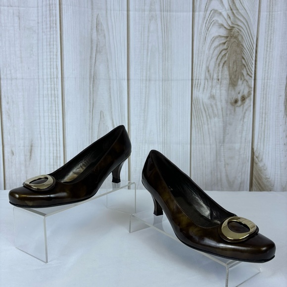 Stuart Weitzman Copper Brown Gold Swirl Pumps Kitten Heel Leather Heels Size 5.5 - Picture 3 of 16